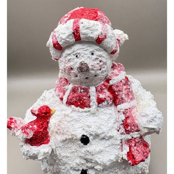 Vintage Snowman Christmas Figurine with Cardinal Bird & Red Accents Glitter - Picture 7 of 8